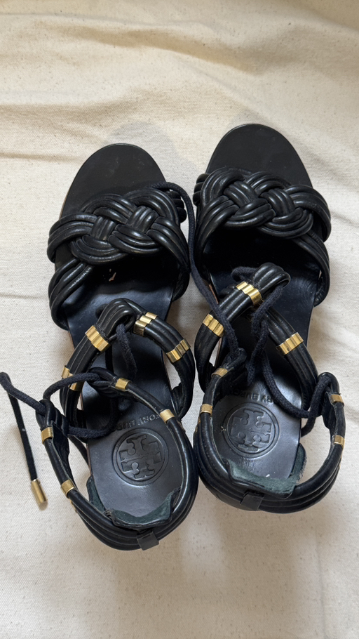Tory Burch Criss Cross Strap Ankle Sandals Black Leather