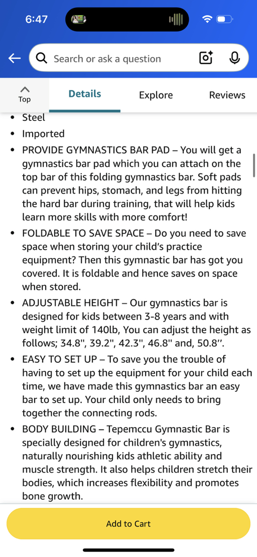 kid Adjustable Height Gymnastic Horizontal Bars - Photo 7 view in Manhattan, NY